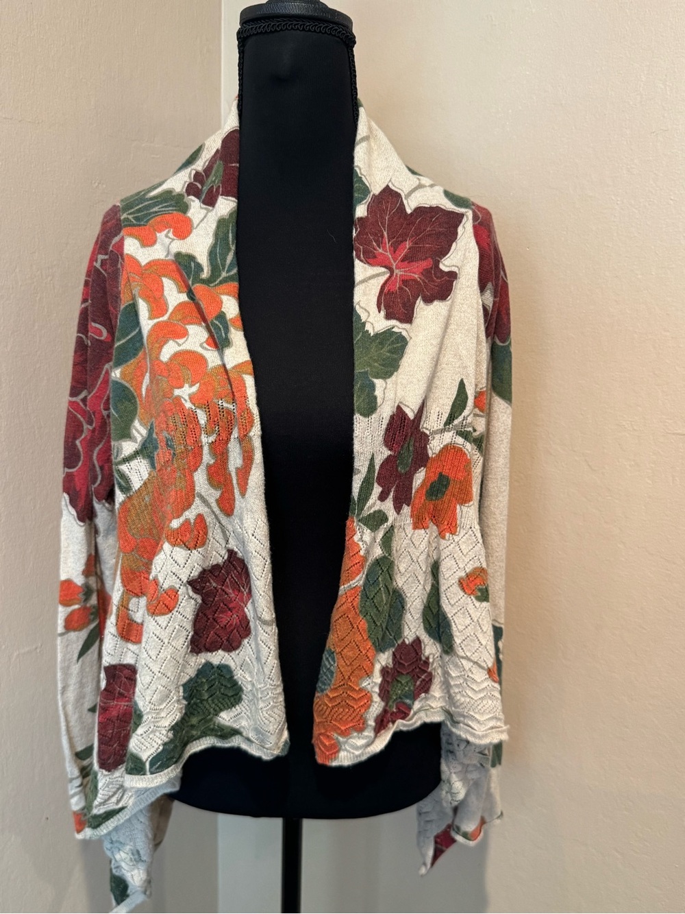 Tabitha Anthropology Cream Floral Open-Front Cardigan Orange & Green Accents